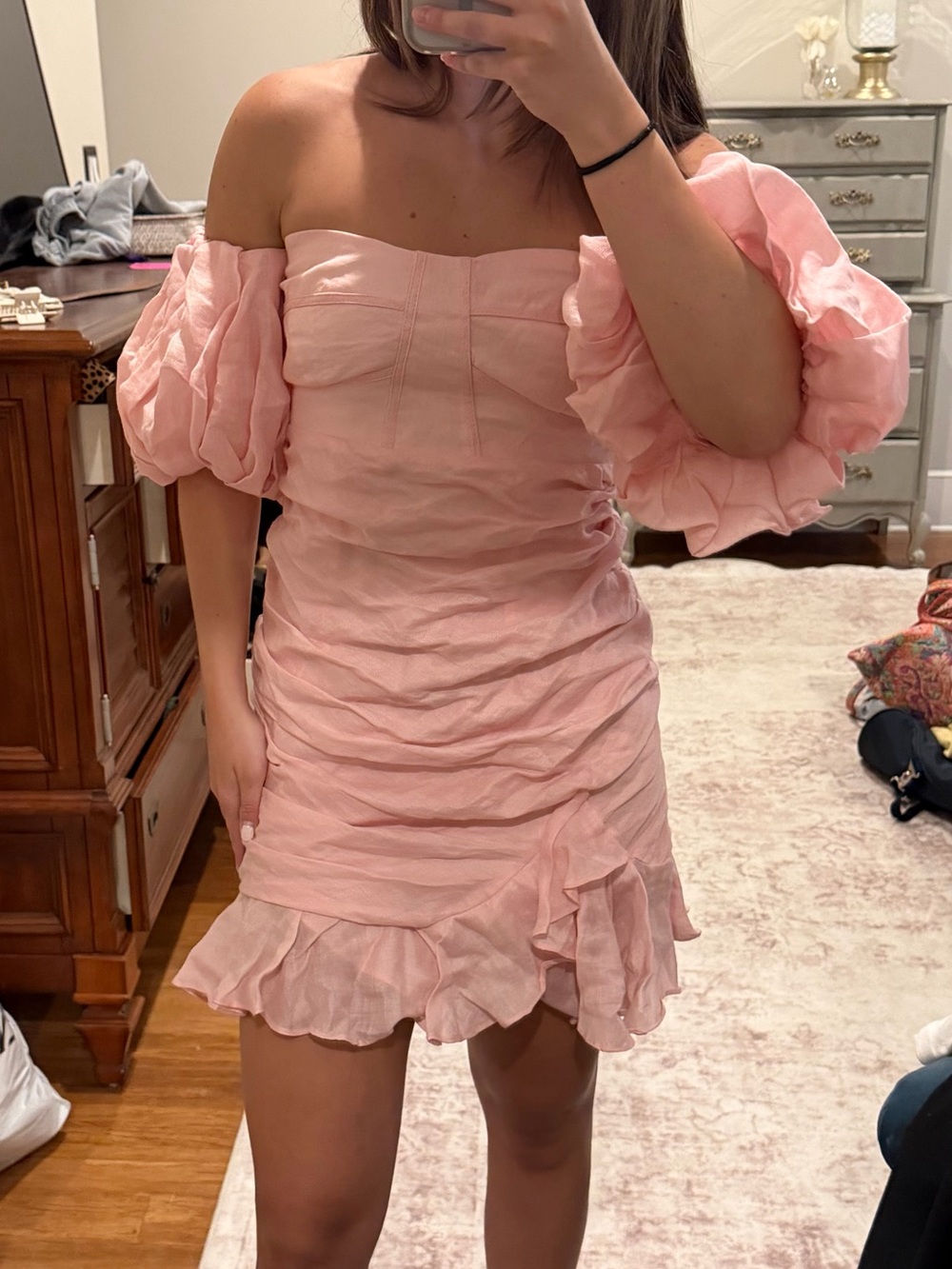 Bardot Blush Pink One-Shoulder Ruffle Mini Dress